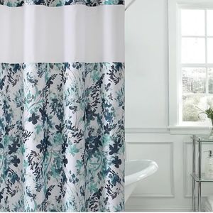 Hookless Aqua/Grey Watercolor Floral Shower Curtain